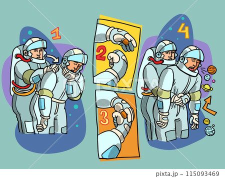 Heimlich maneuver, saving someone choking on food. An astronaut helps a colleague because of the large number of planets. Humorous instructions for astronauts. Space forum and cosmonautics day. Heimlich maneuver, saving someone choking on food. An astronaut helps a colleague because of the large number of planets. Humorous instructions for astronauts. Space forum and cosmonautics day. 115093469