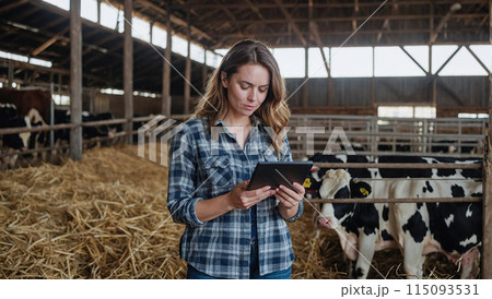 Happy woman farmer with computer tablet on rural farm with cows, cow cattle. Happy woman farmer with computer tablet on rural farm with cows, cow cattle. 115093531