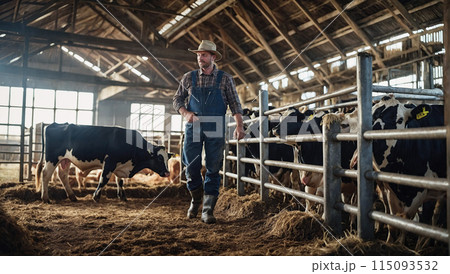 Happy farmer with cow cattle farm countryside. Happy farmer with cow cattle farm countryside. 115093532