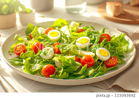 美味しさとヘルシーさの完璧な融合。新鮮サラダ。ルッコラとベビーリーフにチェリートマトとゆで卵 115093692