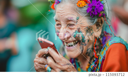 Senior woman man using smartphone. Modern Aging and joyful elderly lifestyle concept. Senior woman man using smartphone. Modern Aging and joyful elderly lifestyle concept. 115093712