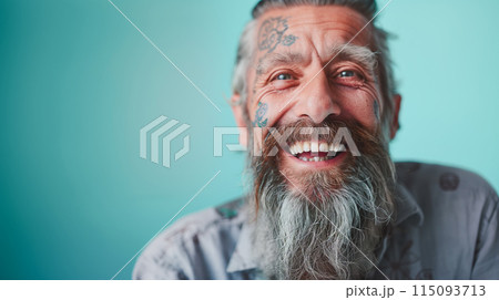 Close up portrait of happy elderly optimist man with tattoo face. Modern Aging. Close up portrait of happy elderly optimist man with tattoo face. Modern Aging. 115093713