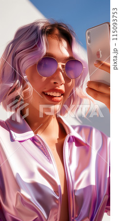 Smiling woman wearing a light purple sunscreen suit, holding a mobile phone. 115093753