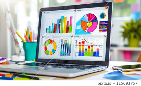 Close up view of laptop screen with financial diagram project statistics Close up view of laptop screen with financial diagram project statistics 115093757