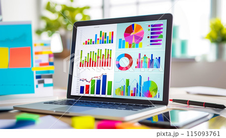 Close up view of laptop screen with financial diagram project statistics Close up view of laptop screen with financial diagram project statistics 115093761