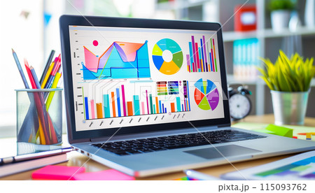 Close up view of laptop screen with financial diagram project statistics 115093762