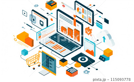 Concept with laptop computer, charts diagrams, graphs and place for text. 115093778