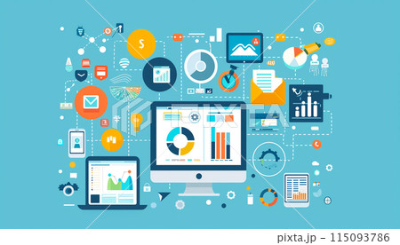 Concept with laptop computer, charts diagrams, graphs and place for text. 115093786