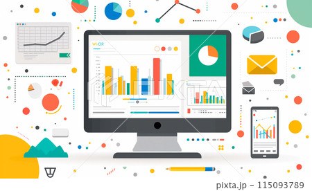 Concept with laptop computer, charts diagrams, graphs and place for text. 115093789