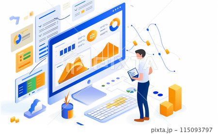 Concept with laptop computer, charts diagrams, graphs and place for text. 115093797