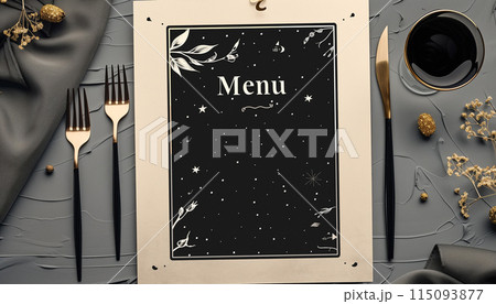 Menu card mockup with festive wedding or birthday table setting. Minimal blank card mockup 115093877