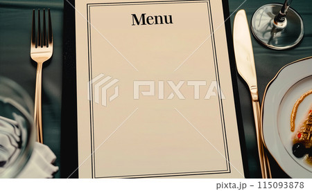 Menu card mockup with festive wedding or birthday table setting. Minimal blank card mockup 115093878