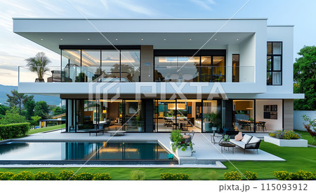 Front elevation of a new modern Scandinavian style home. 115093912