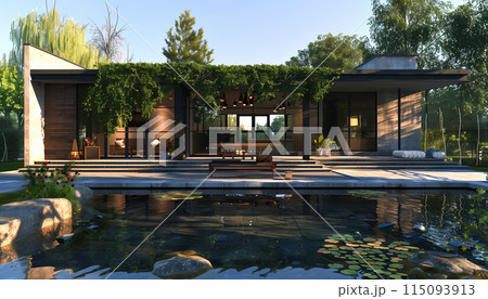 Front elevation of a new modern Scandinavian style home. 115093913