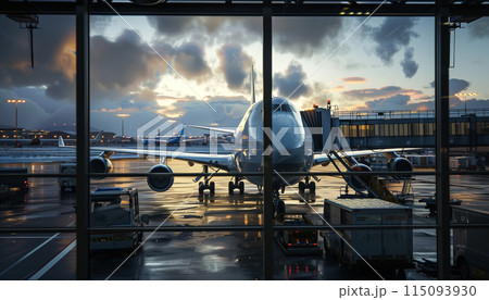 Loading cargo on the plane in airport, view through window 115093930