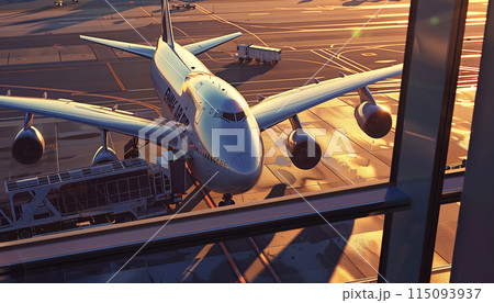 Loading cargo on the plane in airport, view through window 115093937