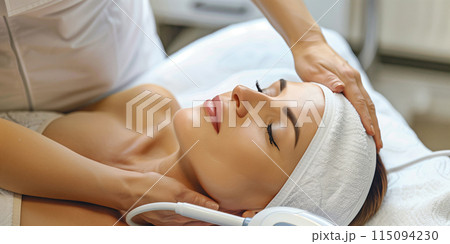 Beautiful senior woman having chemical peeling beauty treatment. The expert beautician is applying chemical solution onto woman's face. 115094230