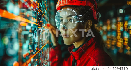 Female Engineer use augmented mixed virtual reality integrate artificial intelligence 115094510
