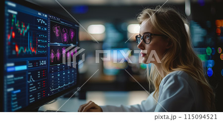 Engineer or scientist analyzing stream of data. A researcher or scientist analyzing data charts. 115094521