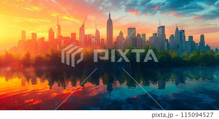 Beautiful abstract cityscape with skyscrapers, business buildings architecture, green park and lake 115094527