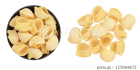 lumaconi pasta in ceramic bowl isolated on white background with full depth of field. Top view. Flat lay lumaconi pasta in ceramic bowl isolated on white background with full depth of field. Top view. Flat lay 115094672