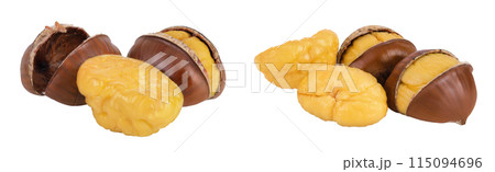 roasted peeled chestnut isolated on white background wit full depth of field. 115094696