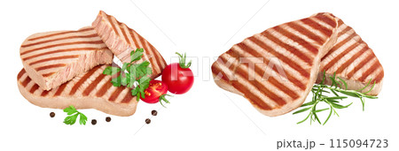 Tuna fish steak grilled isolated on white background with full depth of field 115094723