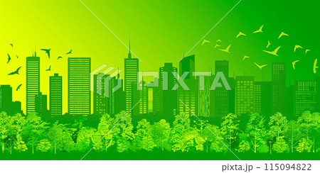 Green City landscape with buildings, hills and trees. Eco and green energy concept. 115094822