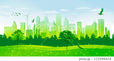 Green City landscape with buildings, hills and trees. Eco and green energy concept. 115094824