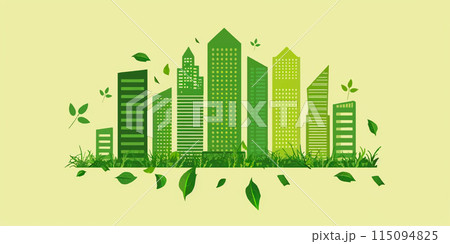 Green City landscape with buildings, hills and trees. Eco and green energy concept. 115094825