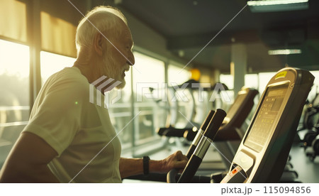 Older white haired man doing exercise in the gym area running on the Treadmill. Active lifestyle for retired people 115094856