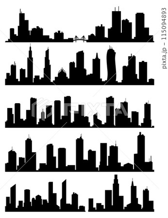 Cityscape silhouette collection. City buildings, night town and horizontal urban panorama silhouettes set. Skyline with windows in a flat style 115094893