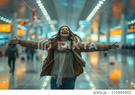 Joyful Woman Celebrating at Busy Airport 115095002