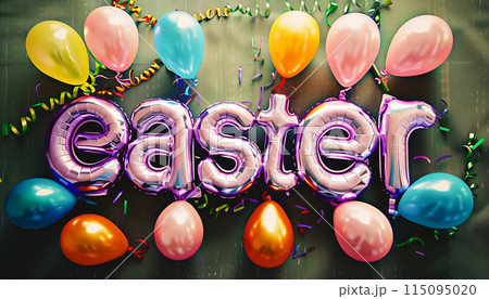 Word EASTER made of colorful inflatable balloons. Helium foil balloons forming word easter 115095020