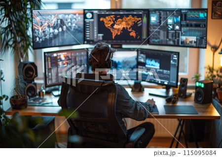 Analyst Monitoring Global Data on Multiple Screens 115095084