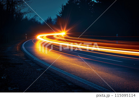 Long Exposure of Car Lights on Curved Road 115095114