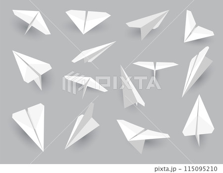 Paper planes collection. Origami handmade aircraft set in different view. Vector white model paper airplanes with shadow, isolated on gray background Paper planes collection. Origami handmade aircraft set in different view. Vector white model paper airplanes with shadow, isolated on gray background 115095210