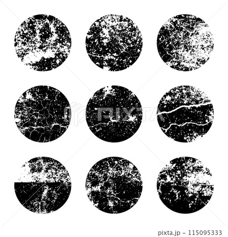 Grunge circles with stains and scratches. Circle brush stroke, round shape design element. Distressed dirty text frame, border, sticker or label. Paintbrush, ink stains. Vector illustration 115095333