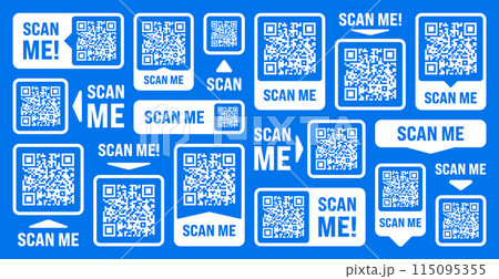 Scan me QR code sticker with text. Online payment. Special offer sale stickers, shopping discount label, promotional badge. Product serial number. Supermarket retail price tag. Vector illustration Scan me QR code sticker with text. Online payment. Special offer sale stickers, shopping discount label, promotional badge. Product serial number. Supermarket retail price tag. Vector illustration 115095355