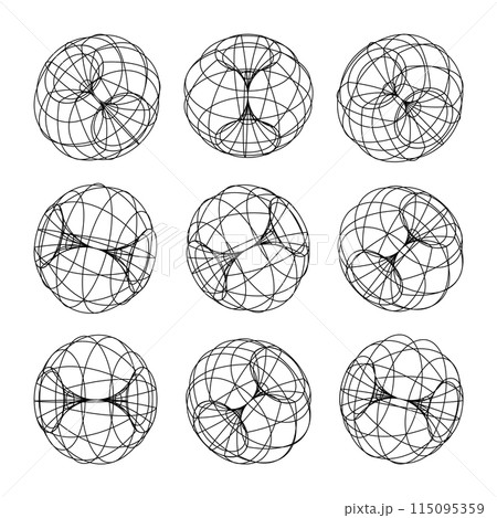 Wireframe lined shapes. Perspective mesh, 3d grid. Low poly geometric elements. Retro futuristic design elements, y2k, vaporwave and synthwave style. Vector illustration 115095359