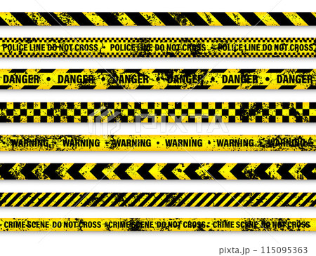 Old grunge barricade construction tape. Yellow police warning line, brightly colored danger or hazard stripe, ribbon. Restricted area, zone. Attention symbol. Vector illustration Old grunge barricade construction tape. Yellow police warning line, brightly colored danger or hazard stripe, ribbon. Restricted area, zone. Attention symbol. Vector illustration 115095363