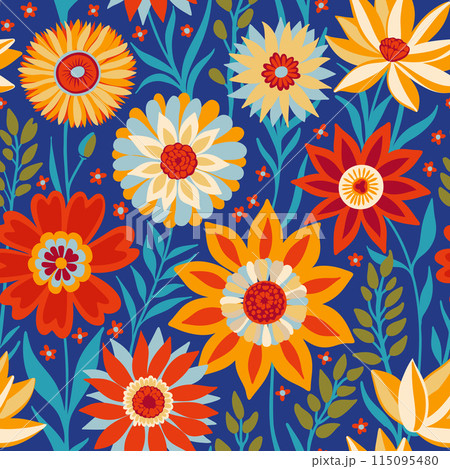 Floral Seamless Random Pattern with Fantasy Flowers in Bohemian Style in Blue, Red, Yellow, White Colors, Great for Textiles, Surfaces, Wallpapers, Wrapping Papers, Fabrics, Prints. 115095480