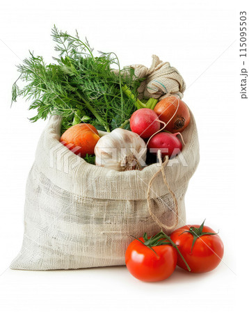 Burlap bag filled with fresh vegetables including tomatoes, garlic, radishes, carrots, and greens on white background. Healthy eating and eco friendly shopping concept. Ai generation Burlap bag filled with fresh vegetables including tomatoes, garlic, radishes, carrots, and greens on white background. Healthy eating and eco friendly shopping concept. Ai generation 115095503