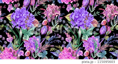 Seamless watercolor pattern drawn in pencil with hydrangeas and summer plants Seamless watercolor pattern drawn in pencil with hydrangeas and summer plants 115095603