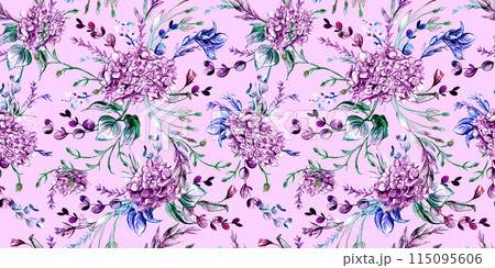 Seamless watercolor pattern drawn in pencil with hydrangeas and summer plants 115095606