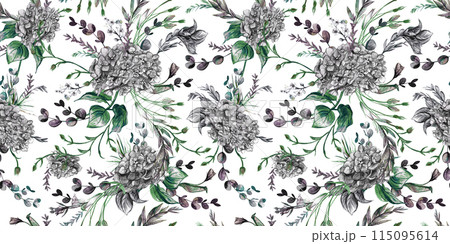 Black and white monochrome pattern with hydrangea on a white background drawn 115095614