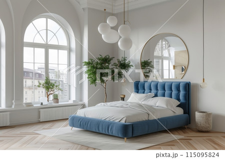 Bed With Blue Headboard in Bedroom 115095824