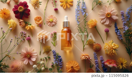 Bottle of Essential Oil Surrounded by Flowers 115095826