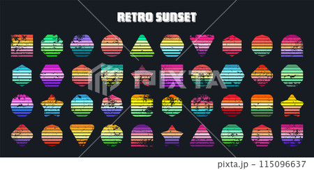 Grunge vintage sunset collection. Various colorful striped sunrise badges in 80s and 90s style. Sun and ocean view, summer vibes, surfing. Design element, print, logo or t-shirt. Vector illustration 115096637