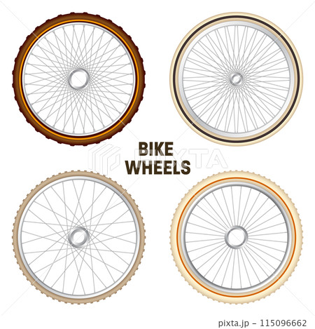 Realistic 3d retro bicycle wheels. Vintage bike rubber tyres, shiny metal spokes and rims. Fitness cycle, touring, sport, road and mountain bike. Vector illustration 115096662